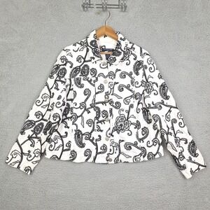 Saint Tropez West Jacket Womens 1X White Black Linen Embroidered Paisley Boho